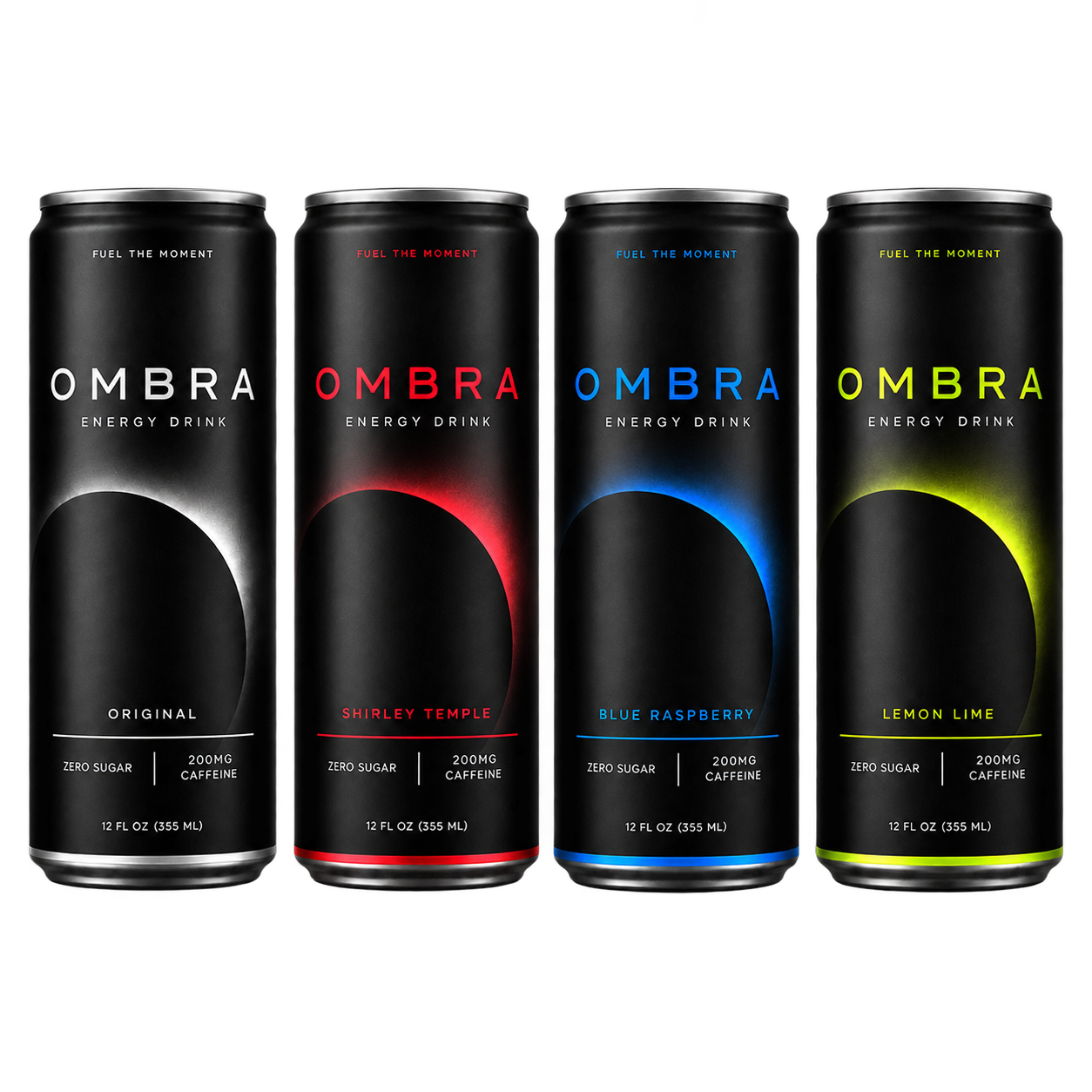 OMBRA Original, Shirley Temple, Blue Raspberry, and Lemon Lime energy drink cans